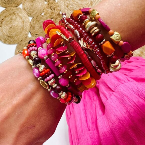 The 15PC Sahara Sunset Beaded Bracelet Signature Stack Boho Stones & Gold Charms - Picture 1 of 11